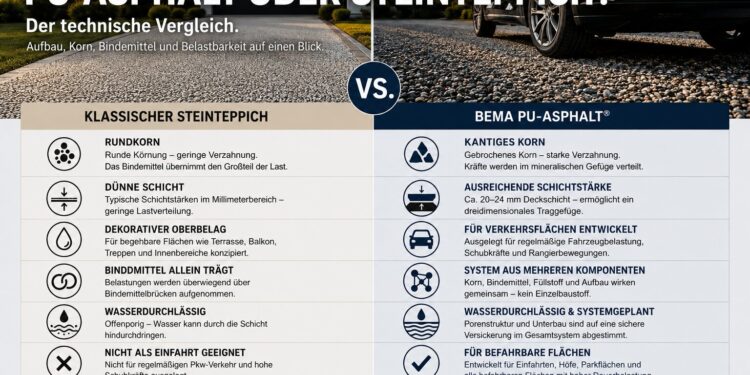 PU-ASPHALT ODER STEINTEPPICH? DER TECHNISCHE VERGLEICH VON AUFBAU, KORN, BINDEMITTEL UND BELASTBARKEIT